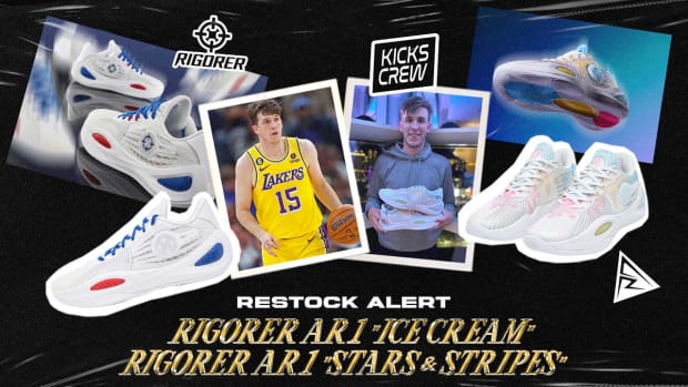 Austin Reaves holds his Rigorer basketball sneakers in a promotional poster.