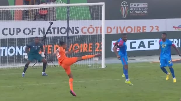 Sebastien Haller pictured (second from left) volleying the ball to score the winning goal for Ivory Coast in a 1-0 victory over DR Congo in the semi-finals of the 2023 Africa Cup of Nations