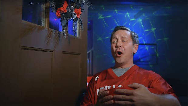 Arkansas opens the door for trick-or-treaters at Halloween in an SEC Shorts comedy sketch.