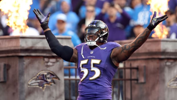 Baltimore Ravens outside linebacker Terrell Suggs (55) is introduced prior to the Ravens' game against the Los Angeles Chargers in a AFC Wild Card playoff football game at M&T Bank Stadium. The Chargers won 23-17.