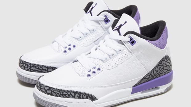 Air Jordan 3 'Dark Iris' drops on August 24, 2022, for $200. The white and purple sneakers pay a subtle nod to Los Angeles Lakers legend Kobe Bryant.