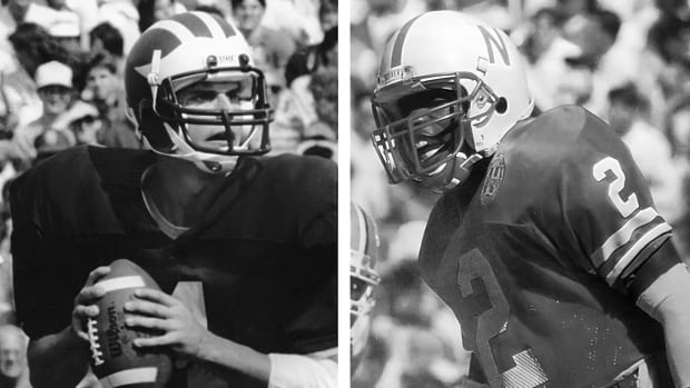 Jim Harbaugh and Mickey Joseph quarterbacks Michigan Nebraskajpg