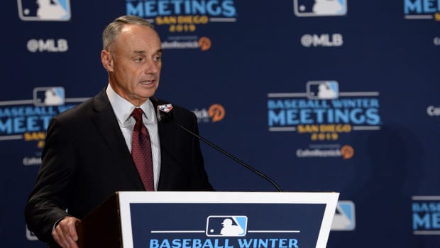 Dec 10, 2019; San Diego, CA, USA; MLB commissioner Rob Manfred speaks to the media before announcing the All-MLB team during the MLB Winter Meetings at Manchester Grand Hyatt. Mandatory Credit: Orlando Ramirez-USA TODAY Sport