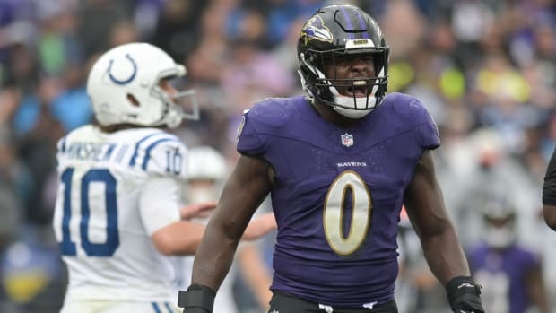 Baltimore Ravens linebacker Roquan Smith (0) reacts after a play during the second half against the Indianapolis Colts at M&T Bank Stadium.