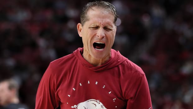 Arkansas coach Eric Musselman voices his frustration in a win over UNC-Wilmington.