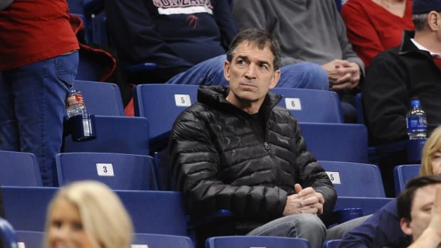 Spokane, WA, USA; NBA hall of fame player John Stockton looks on during the Pacific Tigers at Gonzaga Bulldogs during the first half at McCarthey Athletic Center.