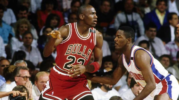 Chicago Bulls guard Michael Jordan) is defended by Detroit Pistons guard Joe Dumars (4) during the 1988-89 NBA Eastern Conference Finals