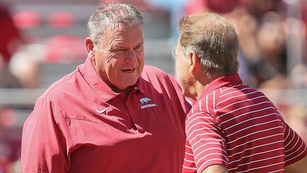 Razorbacks coach Sam Pittman with Alabama coach Nick Saban at Razorback Stadium