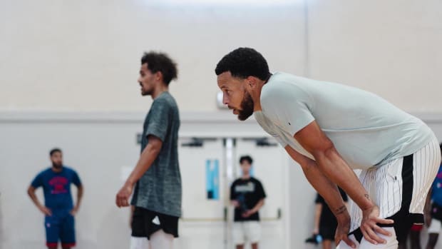 Atlanta Hawks point guard Trae Young and Golden State Warriors point guard Stephen Curry worked out together at UCLA on August 17, 2022.