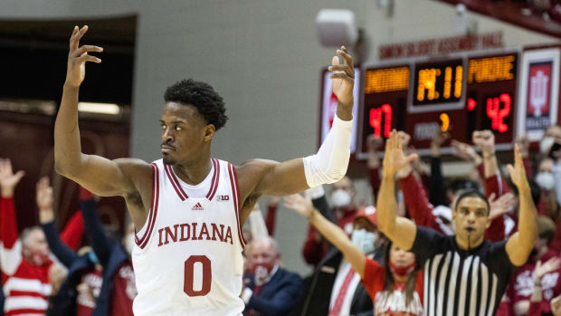 Indiana Hoosiers guard Xavier Johnson (0) celebrates a made shot in the second half Purdue Boilermakers at Simon Skjodt Assembly Hall.