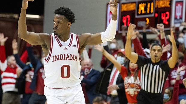 Indiana Hoosiers guard Xavier Johnson (0) celebrates a made shot in the second half Purdue Boilermakers at Simon Skjodt Assembly Hall.
