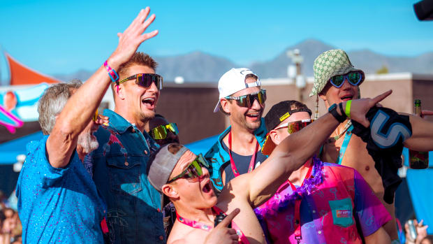Tampa Bay Buccaneers legend Rob Gronkowski (second from left) is once again hosting his 'Gronk Beach' party in Las Vegas ahead of Super Bowl LVIII.