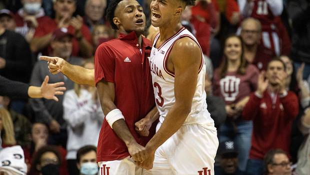 Indiana forward Trayce Jackson-Davis (23) celebrates with guard Tamar Bates (53) in the second half against Marshall at Simon Skjodt Assembly Hall last season.