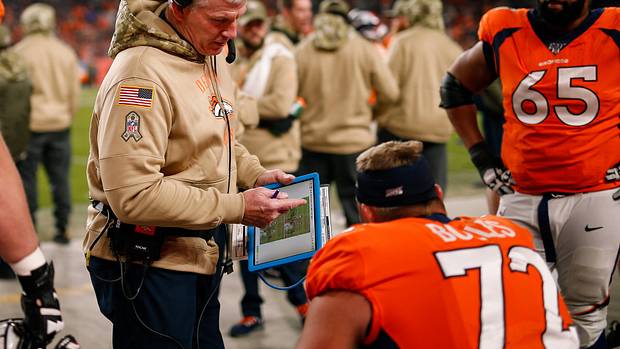 Denver Broncos offensive line coach Mike Munchak goes over a play with offensive tackle Garett Bolles (72) in the fourth quarter against the Cleveland Browns at Empower Field at Mile High.