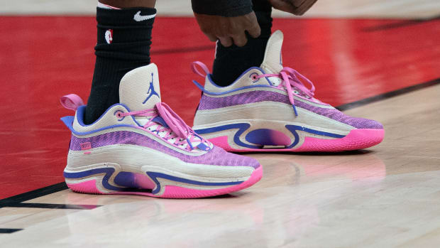 Toronto Raptors guard David Johnson wears the Air Jordan 36 sneakers against the Miami Heat on February 1, 2022.