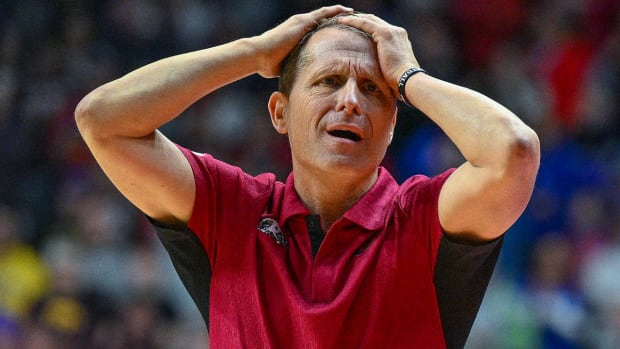 Eric Musselman's face shows his frustration at a poor decision by the Razorbacks against Kansas.