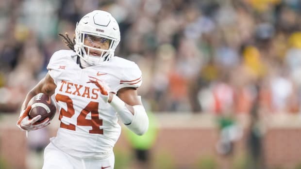 Texas running back Jonathon Brooks (24) breaks out from the back field to run in the end zone for the first score of the in the first quarter against Baylor of an NCAA college football game, Saturday, Sept. 23, 2023, in Waco, Texas.