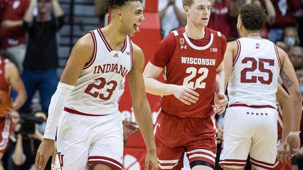 Indiana Hoosiers forward Trayce Jackson-Davis (23) reacts to a made basket in the second half against the Wisconsin Badgers at Simon Skjodt Assembly Hall.