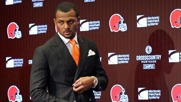 Deshaun Watson at a press conference after being traded to the Browns