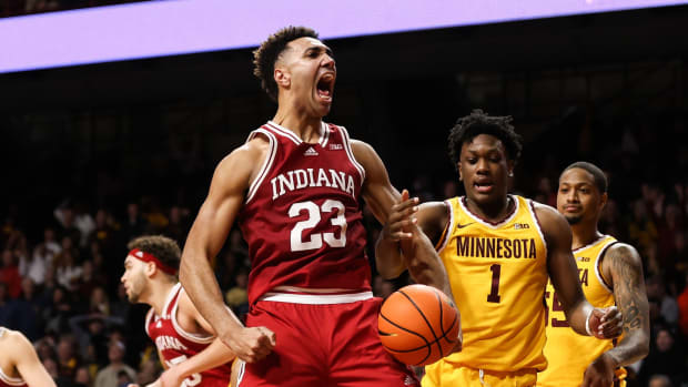 Indiana Hoosiers forward Trayce Jackson-Davis (23) reacts to his shot against the Minnesota Golden Gophers during the second half at Williams Arena.