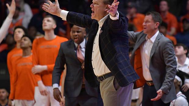 Illinois Fighting Illini head coach Brad Underwood reacts to a call during the first half against the Indiana Hoosiers at State Farm Center.