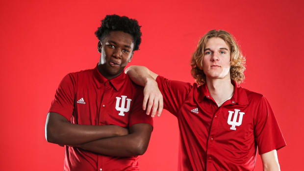 Five-star recruits from Montverde Academy Derik Queen (left) and Liam McNeeley (right) pose in candy stripe pants during their official visits to Indiana University over the weekend.