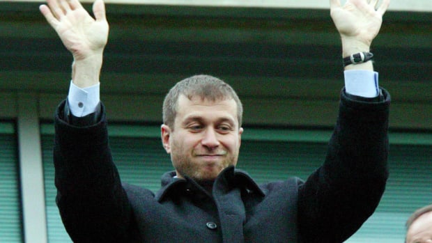Roman Abramovich pictured waving towards Chelsea fans at Stamford Bridge in 2003