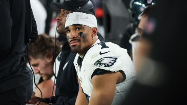 Philadelphia Eagles quarterback Jalen Hurts (1) reacts during the second half of a 2024 NFC wild card game against the Tampa Bay Buccaneers at Raymond James Stadium. Mandatory Credit: Kim Klement Neitzel-USA TODAY Sports