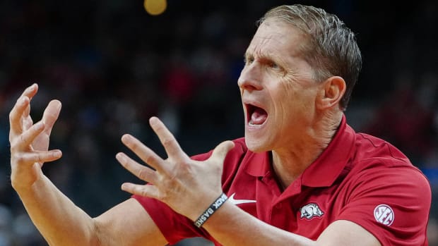 Razorbacks coach Eric Musselman on the sidelines against UConn in the Sweet 16 on Thursday.