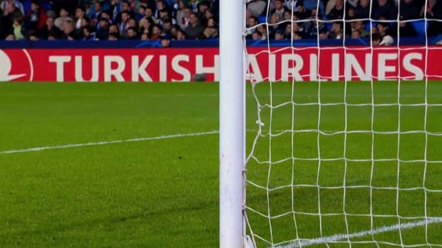 An image showing the damage caused to the Real Sociedad net by Kylian Mbappe's powerfully struck goal for Paris Saint-Germain during a Champions League game in March 2024
