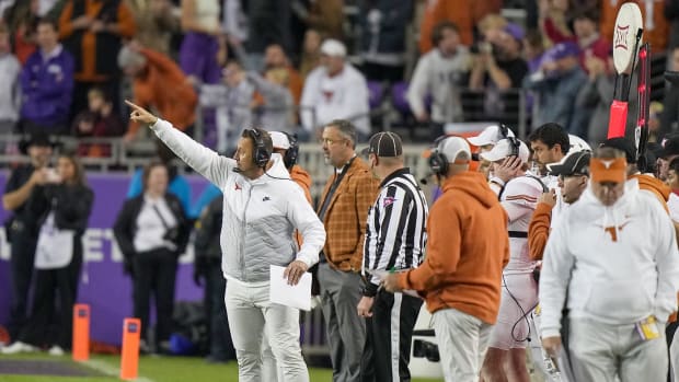 Texas Longhorns head coach Steve Sarkisian calls a play to his team against TCU Horned Frogs in the fourth quarter of an NCAA college football game, Saturday, November. 11, 2023, at Amon G. Carter Stadium