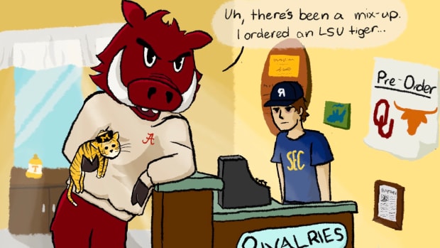 Cartoon showing Arkansas Razorback tries to return a Missouri Tiger for the LSU Tiger he ordered at the Rivalries R Us store.