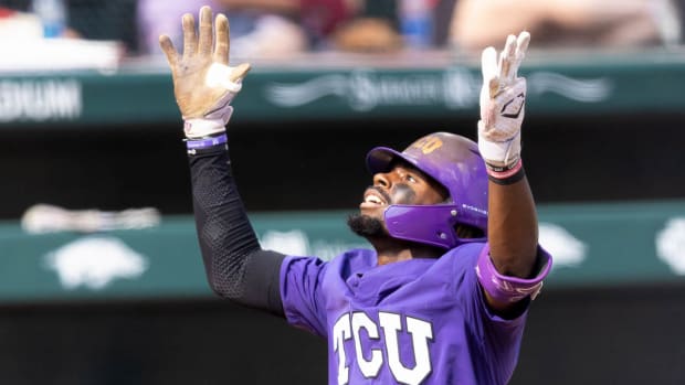 TCU's Tre Richardson after his third homer of the game against the Razorbacks on Friday.
