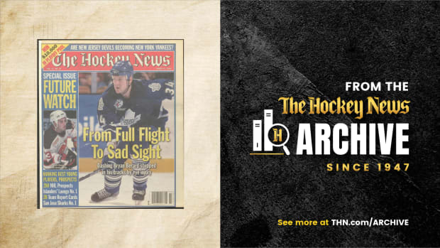 From The Hockey News Archive since 1947. Cover with words, "Dashing Bryan Berard stopped in his tracks by eye injury"