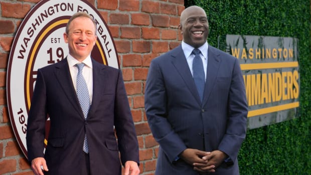 The Washington Commanders have come one step closer to being sold after breaking news that Dan and Tanya Snyder have agreed to a deal with a group including Josh Harris (left) and Magic Johnson (right).