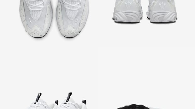 A detailed look at Drake's white and black Nike sneakers.
