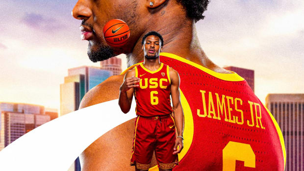 Promotional poster for Bronny James wearing his USC Trojans basketball uniform.