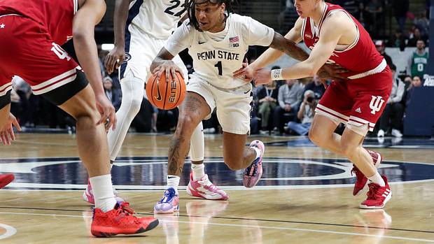 Penn State Nittany Lions guard Ace Baldwin Jr (1) maneuvers with the ball through the Indiana Hoosiers defense during the first half at Bryce Jordan Center. Penn State defeated Indiana 83-74.