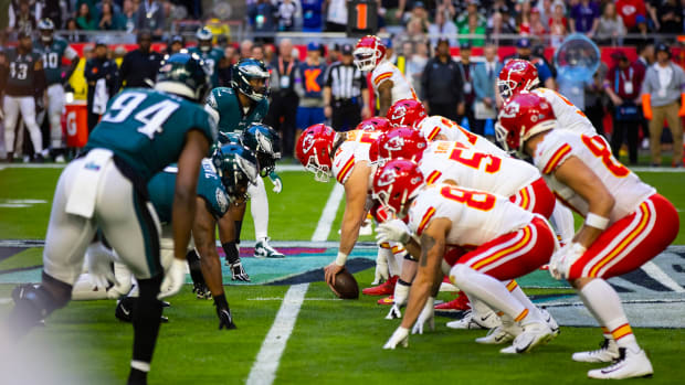 The Chiefs get ready for the snap on their first play of Super Bowl LVII