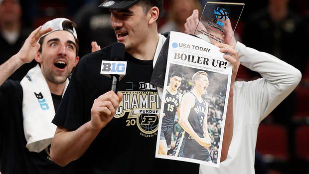 Purdue Boilermakers center Zach Edey (15) celebrates as he is announced the player of the tournament after winning the Big Ten Men s Basketball Tournament Championship game against the Penn State Nittany Lions, Sunday, March 12, 2023, at United Center in Chicago. Purdue won 67-65.
