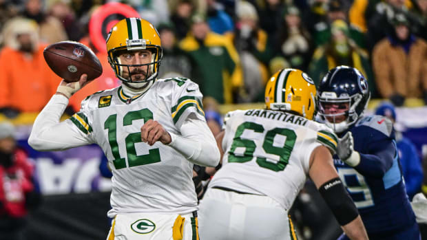 Aaron Rodgers throws the football during a game.