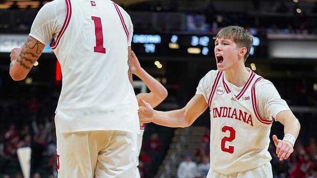 Indiana Hoosiers guard Gabe Cupps (2) celebrates with Indiana Hoosiers center Kel'el Ware (1) after a basket during the game against Harvard in Gainbridge Fieldhouse in Indianapolis, Ind. on Sunday, Nov. 26, 2023.