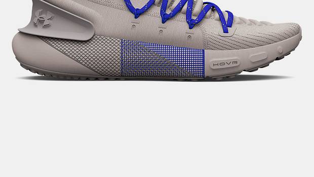 Grey and blue Under Armour running shoe.