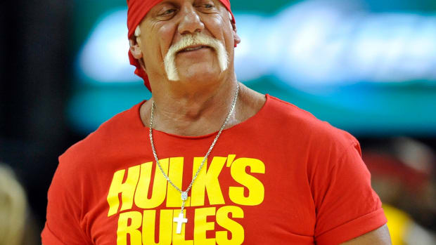 Nov 19, 2014; Cleveland, OH, USA; Professional wrestler Hulk Hogan stands on the court before a game between the Cleveland Cavaliers and the San Antonio Spurs at Quicken Loans Arena. Mandatory Credit: David Richard-USA TODAY Sports