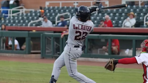 Chase DeLauter hits a home run in the 2023 Arizona Fall League.