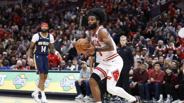 December 2, 2023; Chicago Bulls guard Coby White drives to the basket against the New Orleans Pelicans during the second half at United Center