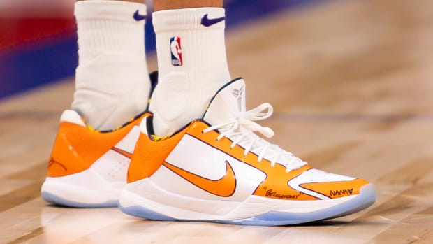 Phoenix Suns guard Devin Booker wears Nike Kobe 5 Protro shoes.