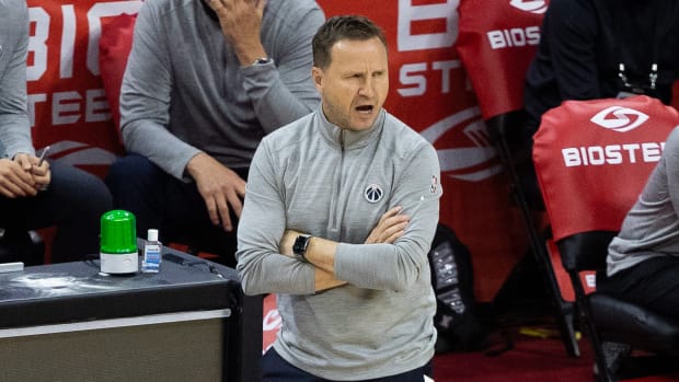 Washington Wizards head coach Scott Brooks reacts during the fourth quarter of game two in the first round of the 2021 NBA Playoffs against the Philadelphia 76ers at Wells Fargo Center.