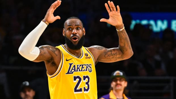 Los Angeles Lakers forward LeBron James reacts to a play.