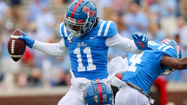 Dontario Drummond celebrates a touchdown reception in the first half against Florida (via. Ole Miss Athletics)